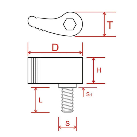 Technical diagram of Red M8x20mm Thumb Screws With Handle Single Wing Rotating Knob Adjustable Stainless Steel 2 Pack.