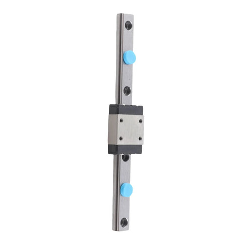 100mm linear rail guide with sliding block on silver rail and blue end caps