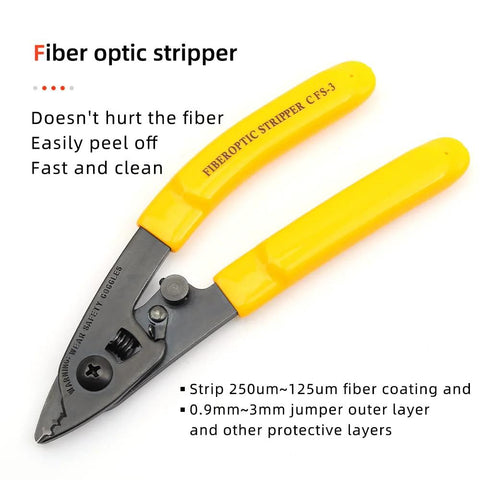 Fiber optic stripper with yellow plastic handles for stripping 250µm–125µm coating and 0.9–3mm jacket