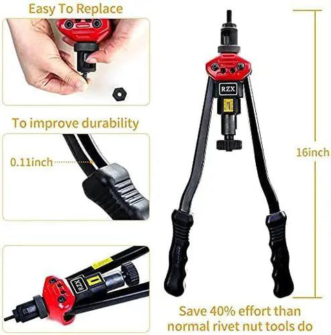 Heavy Duty Rivet Nut Tool Hand Blind Riveter With 16 Inch Carbon Steel Arm And Tool Free Quick Change Head shown with details