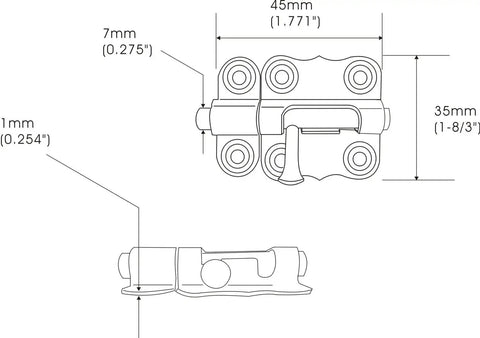 Deco Sliding Barrel Bolt Steel Construction 2 Inch Black Coated 4 Pack For Lightweight Cabinet Doors Vertical Or Horizontal Mount 0.75 Inch Bolt Diameter Easy Installation With Included Mounting Screws Made In Taiwan technical drawing with dimensions showing front and side view.