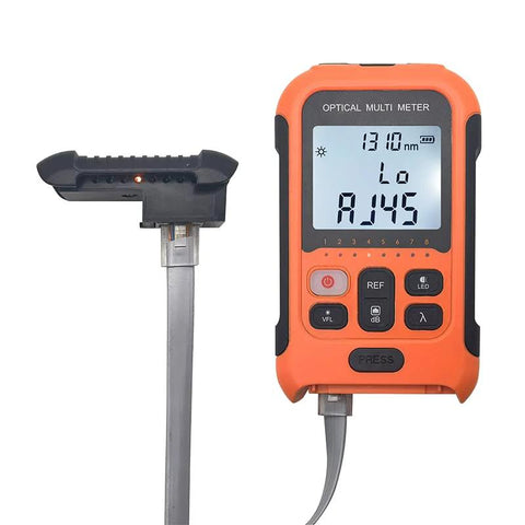 Two-item kit: orange optical power meter with 1310 nm display and gray fiber cleaver on metal rod