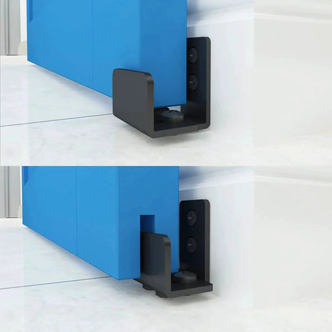 Matte Black Floor Guide Wall Mount For Sliding Barn Door Hardware Set Of 2 installed on a blue door, adjustable for door thickness.