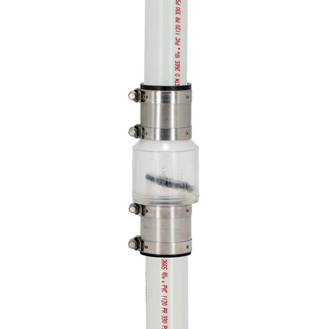 ProCheck Quiet Sump Pump Check Valve with 1-1/2 in stainless steel vibration-resistant couplings on PVC pipe, Amazon