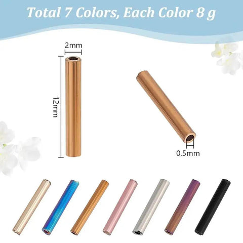 623 Pieces Glass Bugle Beads Set In Seven Dope Metallic Colors, showing tubular seed spacers in different colors, 12x2mm size.