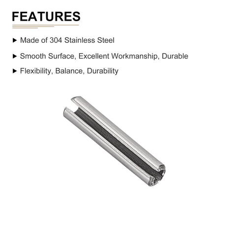 1.5mm By 6mm Slotted Roll Pin Set, 20 Pack, 304 Stainless Steel Spring Dowel Pins, Silver, shown with features text