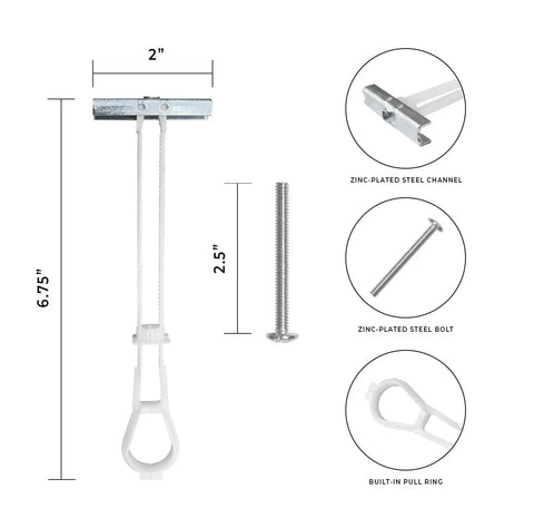 100 Pack Heavy Duty Quick Toggle Anchors With Bolts Set For Drywall Metal Studs And Concrete Block Holds 260 Plus Lbs Per Set Includes 100 Toggles And 100 Bolts Ideal For Hanging Shelves Cabinets And Heavy Items, featuring dimensions and parts close-up.