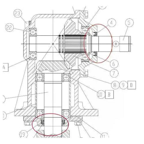Technical diagram of input and output shaft seal set for 40HP and 50HP rotary cutter gearboxes, highlighting replacements for Land Pride and other brands.