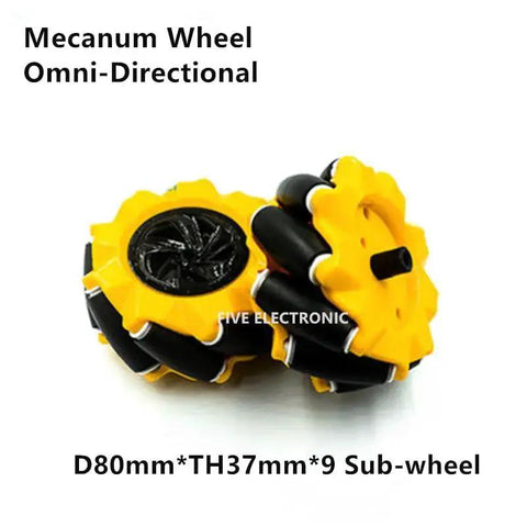 Mecanum Omni-Directional Wheel Set for Robot Car in 80mm size, nine sub-wheel ROS tyres, yellow and black design, smooth movement.