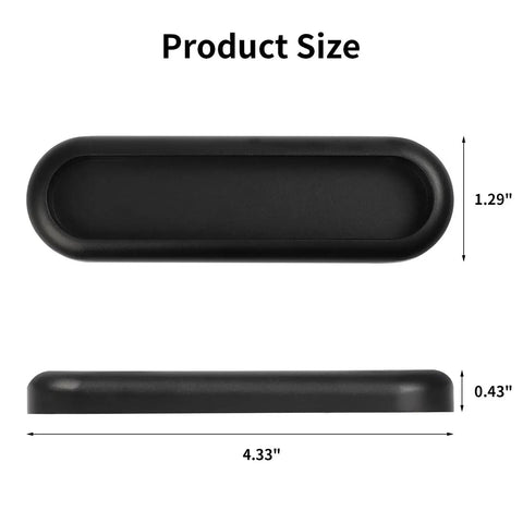 Product size dimensions for Five Pack Matte Black Self Adhesive Door And Cabinet Handles 4.38 Inch Long No Drilling Required Sticky Finger Pulls For Barn Doors Windows Closets Drawers Sliding Glass Showers Easy Install showing top and side views with specific measurements.