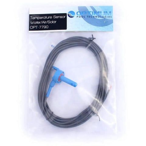 Front view of All-In-One Water Air And Solar Temperature Sensor Replacement For Jandy And Zodiac Controls Optimum Pool Technologies Compatible Replacement For 7790 Includes 20 Foot Cord And 2 Inch Pipe Clamp Works With AquaLink RS in packaging