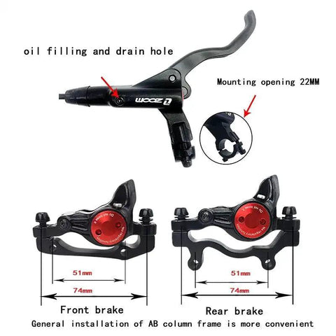 Zoom HB-875 MTB hydraulic disc brake set; front and rear calipers with red anodized adjusters and oil-fill lever.