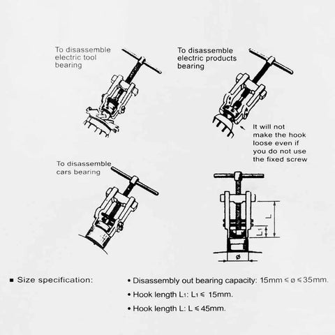 Illustration of 2 Inch Adjustable Two Jaw Bearing Gear Puller Remover in Carbon Steel with disassembly instructions and dimensions.