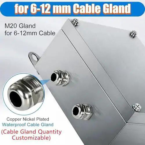 Heavy-Duty Stainless Steel Junction Box for Control Panels with 3 cable glands visible, 50x50x20 cm, 304 stainless steel enclosure