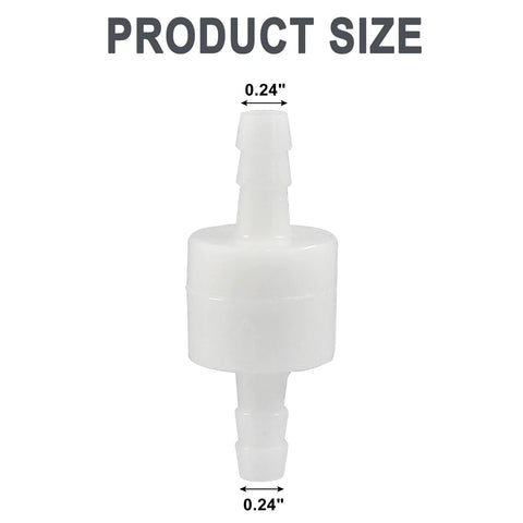 1/4 in inline check valve, PVDF plastic, white, ozone resistant, barbed ends