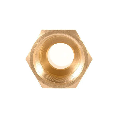 Front view of Brass Pipe Fitting Three Eighths Inch NPT Male To One Half Inch NPT Female Hex Head Bushing Adapter showcasing hex shape.