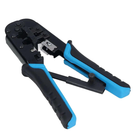 Ratcheting crimping tool for 8P and 6P heads with protective device, durable blue black alloy steel build, ergonomic handle visible