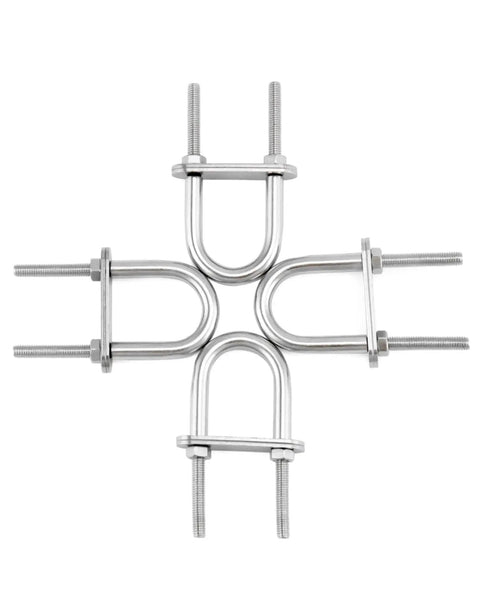 Four Pack 304 Stainless Steel U Bolts M6 x 90mm With Nuts And Plates For Boat Decks in a cross layout