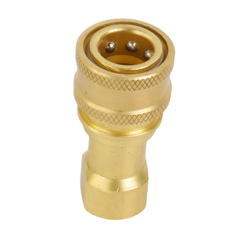 Brass 1/4 in NPTF hydraulic nipple with knurled ring and circular end featuring three contact pins.