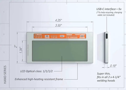 Top and side view of Gold Coated Auto Darkening Welding Lens 2x4 Quarter Inch, 2 Amp TIG Rating, Variable Shade With Multiple Settings.