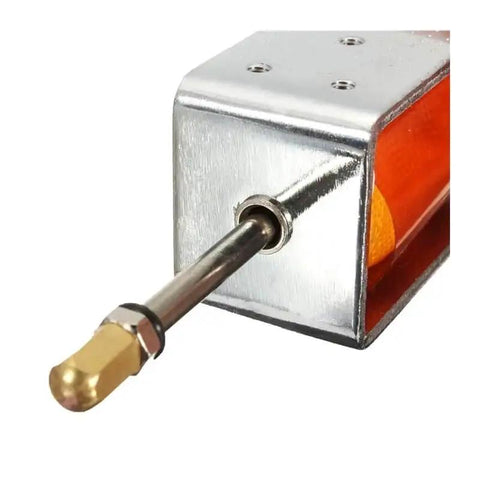 Close-up of Long Stroke 35mm Push Pull Solenoid Actuator for DC 12V Open Frame Linear Electromagnetic Motor Drivers in metal housing