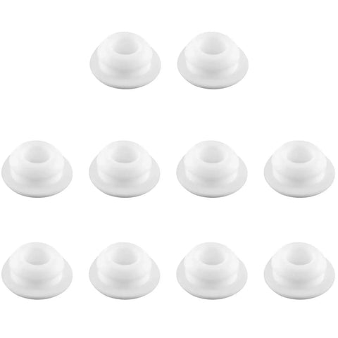 White Hole Plug Set Of 10 For 10mm To 10.5mm Holes Snap In Locking Button Plugs arranged in a row, made from temperature-resistant plastic.