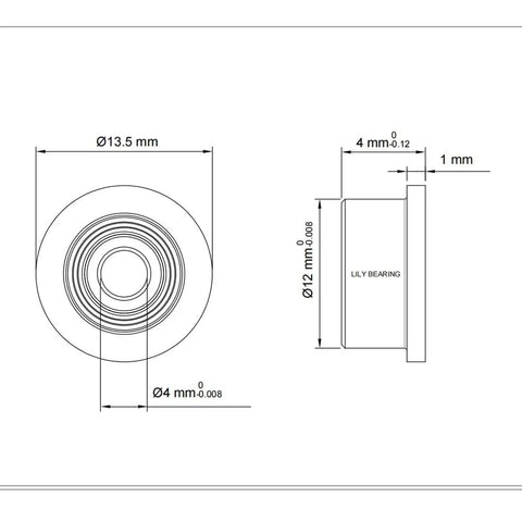 Technical drawing of Flanged Ball Bearing 4x12x4 Mm Pack Of 10 F604ZZ, detailing dimensions and profile view.