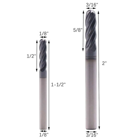 High Performance Solid Carbide Ball Nose End Mills Set, 6 Pc AlTiN Coated, 4 Flute, 30 Degree Helix, CNC Router Bits