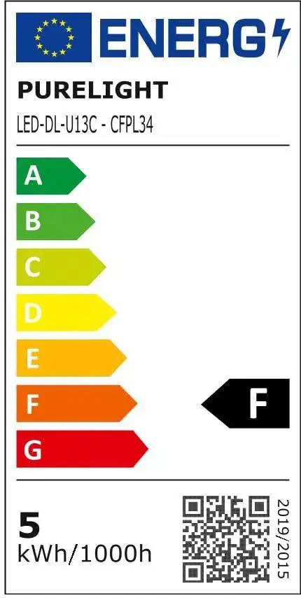 Energy efficiency label for Purelight LED-DL-U13C, rated F, displaying energy use of 5 kWh per 1000 hours, QR code visible.