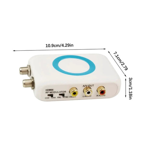 HDMI To RF Modulator For TV With PAL NTSC Output Plug And Play HDMI RF Converter showing AV outputs and size dimensions.