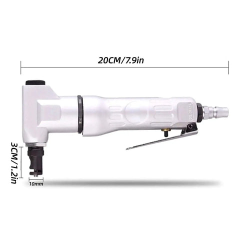 Side view of Beefy Pneumatic Sheet Metal Cutter Handheld Air Nibbler with 7.9in length and alloy case, ideal for automotive ductwork.