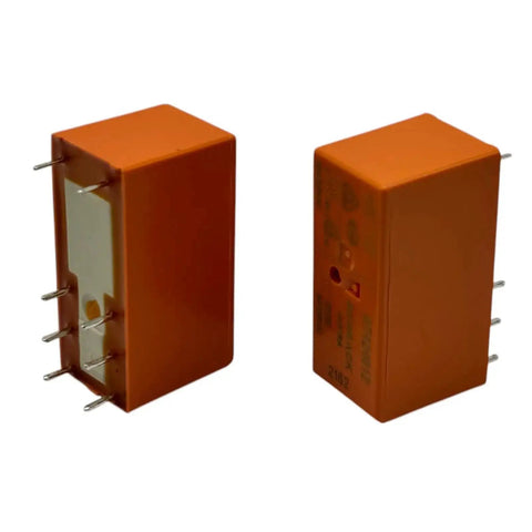 12V DC DPDT Power Relay 8A 8-Pin PCB Relay With Dual Form C Contacts, two orange rectangular components showing pin configuration
