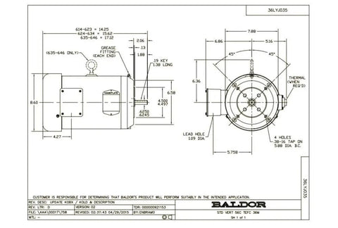 Technical drawing of 3 HP 3-Phase TEFC motor VEM3561, 1,760 RPM, Frame 56C, 230/460V 60 Hz showing dimensions and specifications.