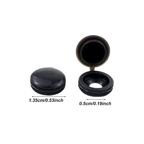 Multi-Function Hinged Screw Cover Caps Set For Self-Tapping Screws, Decorative Black Caps, dimensions shown, ABS Plastic