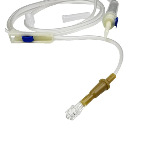 IV extension set with sterile tubing and Luer lock end; clear tube with brown connector for veterinary use