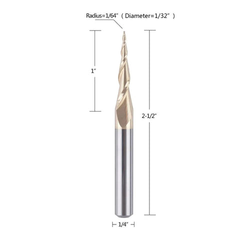 Tapered Ball Nose End Mill 1 Quarter Inch Shank 1 Sixty Fourth Inch Radius For 3D Carving And Engraving Router Bit ZrN Coated Pro Grade 2 Flute Cutter Six Point Three Degree Single Side Angle One Inch Cutting Length Two And A Half Inch Overall Length