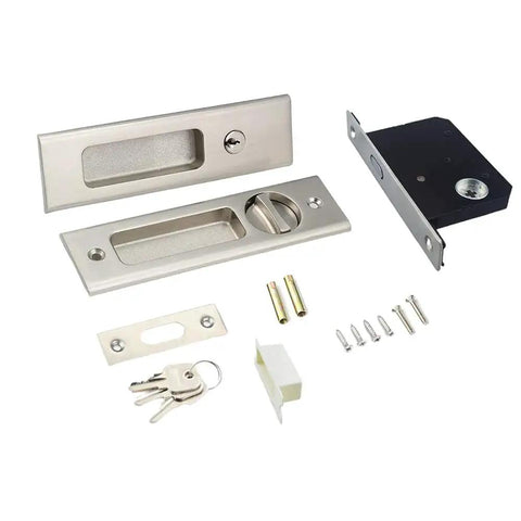 Six Point Three Inch Privacy Pocket Door Lock Hardware With Keys, Sliding Barn Door Lock Concealed Recessed Door Handle, Silver
