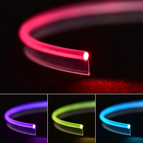 Fiber optic light guide cable for car interior lighting, 236-in PMMA, with skirt, red glow; other colors shown.