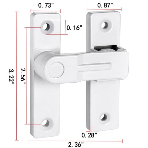 White Flip Barn Door Lock With 180 Degree Privacy Latch And Zinc Alloy Security Hardware, front view with dimensions
