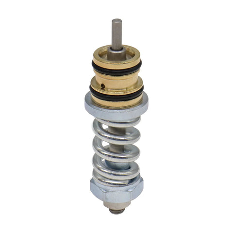 Unloader valve kit for pressure washer pump, close-up view, brass body with black O-rings and spring.