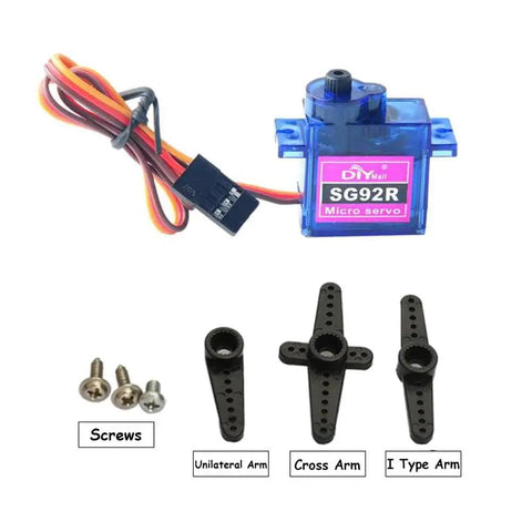 SG92R 9g micro servo motor with blue translucent case, 360-degree continuous rotation; includes three arms and screws