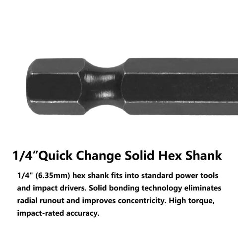 Close-up of 1/4 inch quick change hex shank from 10 Pcs 7 64th Inch Impact Hex Drill Bit Set With Quick Change Driver HSS Black Gold Bits