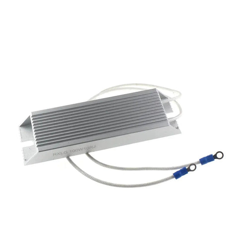 Angled front view of RXLG 100W fixed resistor module with aluminum heatsink and white leads.