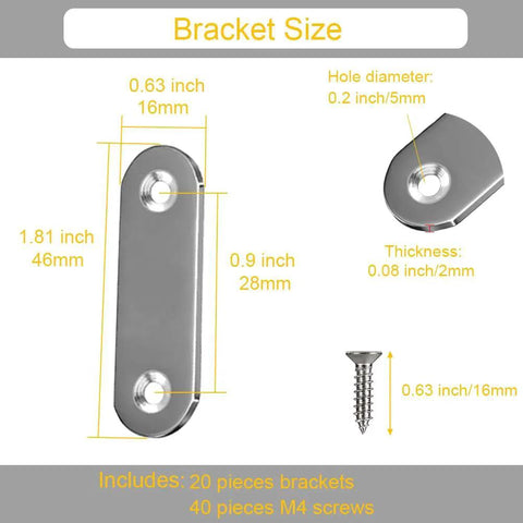Diagram of 20 Pieces Stainless Steel Straight Brace Brackets 2 Inch Flat Mending Plates With Screws showing dimensions and sizes.