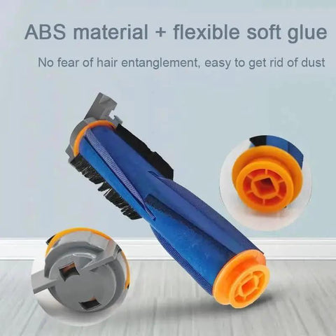 Side view of blue replacement roller brush for robot vacuum cleaner with orange end caps and black bristles.