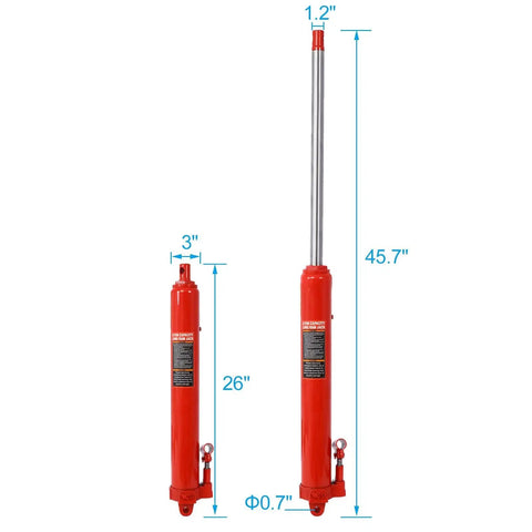 8 Ton Hydraulic Long Ram Jack With Clevis Base For Engine Hoists And Cranes, red steel construction, dimensions shown.