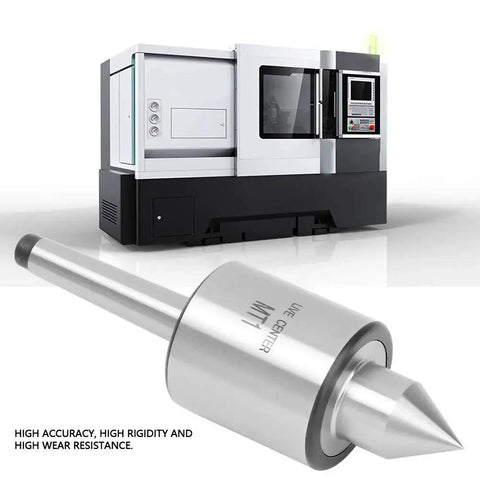 MT1 Triple Bearing Live Center for Metal Lathe Turning High Speed CNC Work Hard Alloy Steel Core in front of CNC machine