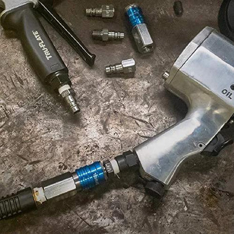 Tru-Flate 13-907 1/4 in NPT aluminum plug/coupler set with blue HI-FLO quick-connect fittings and air tool