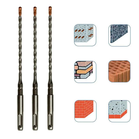 Three drill bits from a 24 Piece SDS Plus Rotary Hammer Drill Bit Set For Concrete Three Sixteenth Inch By Seven Inch Bits With One Quarter Inch Hex Shank Tungsten Carbide Tip Braze Hardened For Long Life And Fast Masonry Tile Brick Drilling, images showing material compatibility.
