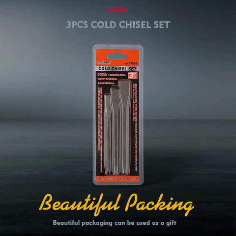 Packaging of Heavy Duty 3-Piece Cold Chisel Set For Woodworking Metalworking And Masonry With 3/8 1/2 And 5/8 Inch Drop Forged Cr-V Steel Chisels